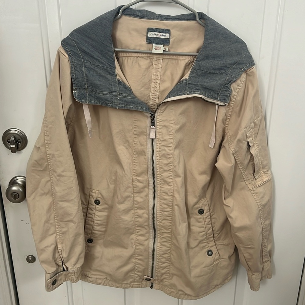 Beige Casual Zip Jacket with Contrast Hood